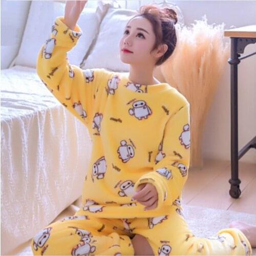 New Autumn Flannel Pajamas Thickening Women Sets Sleepwear Sweet Female Girl Flowers Printing Indoor Clothing Home Suit B-5995