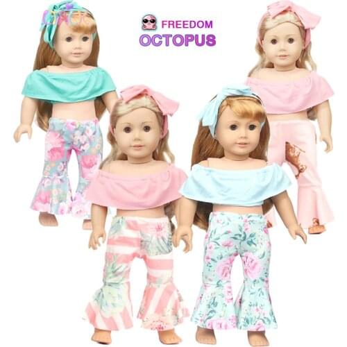 Headband + Slacks + Shawl Bra 3 Pcs Clothes Set For 18" American Doll Flower Suit Outfit For 43cm New Baby Reborn& OG Girl Doll