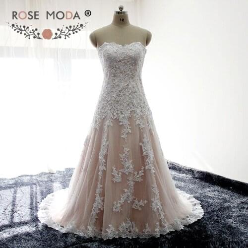Rose Moda Strapless White over Blush Fitted Lace A Line Wedding Dress Lace Up Back