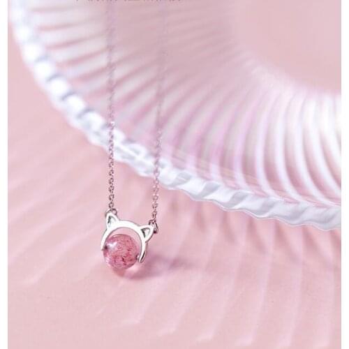 Sweet Cat Silver Pendants Necklaces 925 Sterling Silver Pendants Necklaces with Strawberry crystal