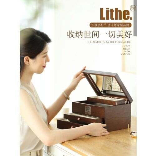 Ear Studs Earrings Necklace Storage Box Jewelry Box Large Capacity Wooden Drawer Household Jewelry Box Cosmetic Mirror