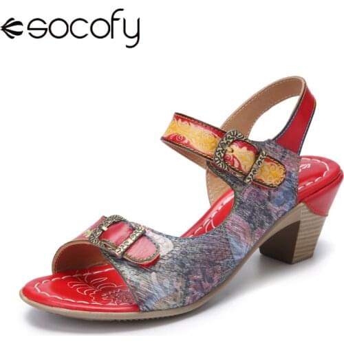 Socofy Retro Bohemia Floral Print Genuine Leather Splicing Metal Buckle Hook Loop Chunky Heel Sandals Women High Heels Shoes