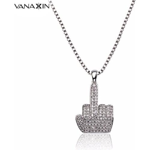 VANAXIN Street Style HipHop Necklace Middle Finger Shape Pendant Gold Rock Man Cool Girl Jewelry Full Cubic Zircon Necklace