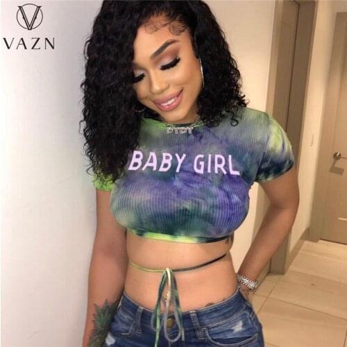 VAZN 2020 Hot List Young Elegant Regular Crop Top Retro Fashion O-Neck Short Sleeve Women Slim Tees