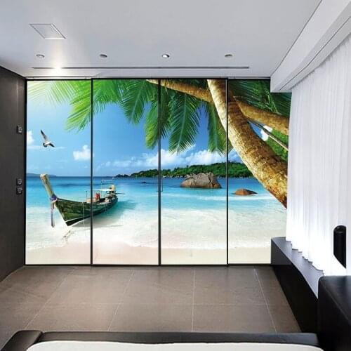 Sea coconut tree window decoration film waterproof sliding door sticker opaque wardrobe door office Bedroom door