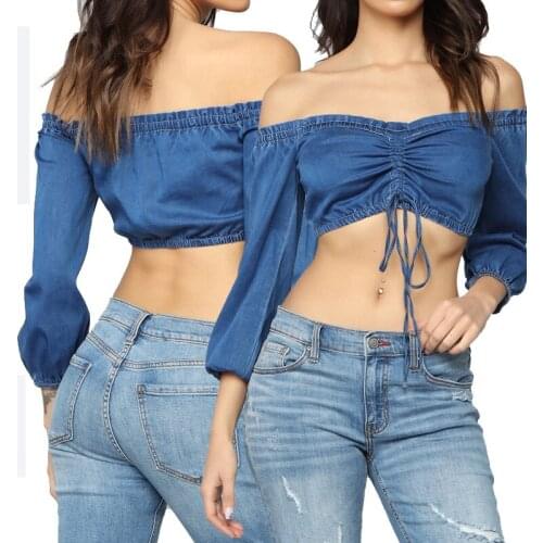 FNOCE 2021 new spring womens tshirts fashion trends sexy nightclub solid long sleeve Slash neck slim crops tops short t-shirts