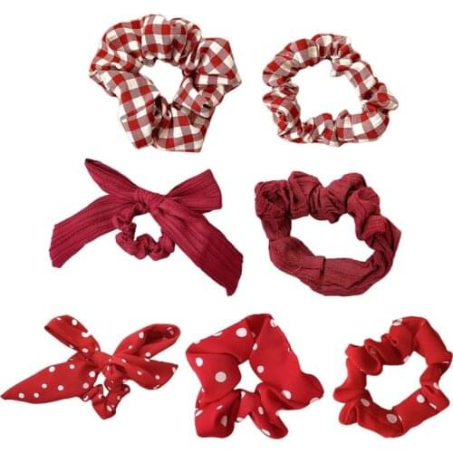 Fashion Red Bow Hair Tie Geometric Pattern Rubber Band Women Fashion Hair Accessories