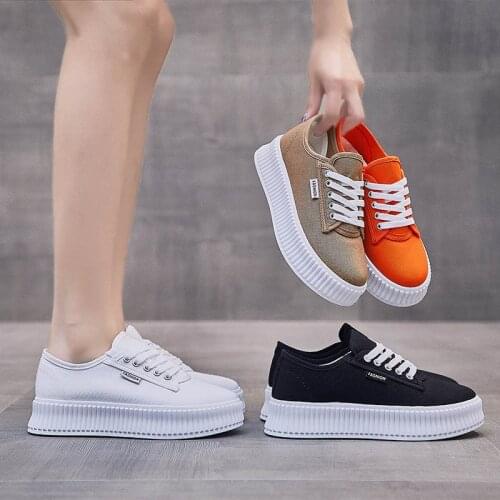 Korean Canvas Shoes Womens 2021 Lace Up Platform Sneakers Womens White Shoes Comfort Flat Shoes Women Non Slip Casual Shoes