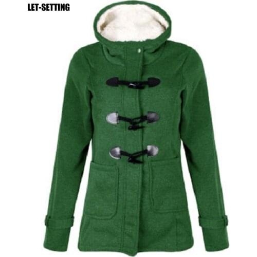 Collar zipper horn button cotton long fashion winter coat wool slim hooded blend gold horn leather buckle women jacket