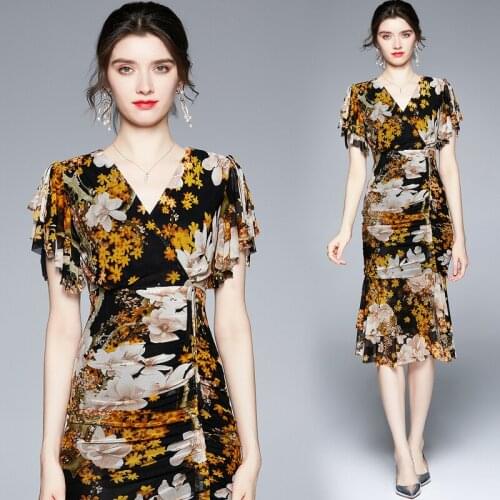Dropshipping Summer Fall Fashion Floral Print V Neck Short Flare Sleeve Empire Waist Women Ladies Party Casual Beach Midi Dress
