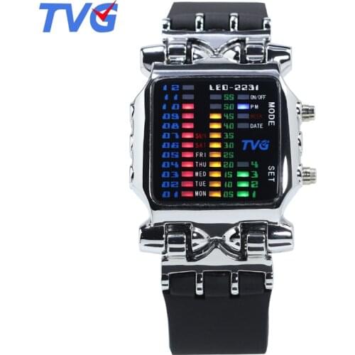 2017 TVG Brand Fashion Cool Multifunction LED Digital Watch Black Silicone Strap Alloy Case Wristwatches Week Display Waterproof