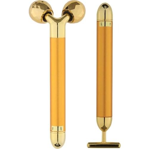 24k Gold Energy Beauty Bar Set 3d Face Vibration Massager Facial Massager Anti Aging Skin Tighten Firm Roller Reduce Double Chin