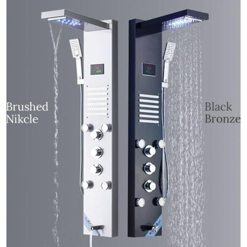 Black/Brushed Stainless Steel 5-function Waterfall Rain Shower Panel with Massage System Tub Spout and Handshower Shower Column