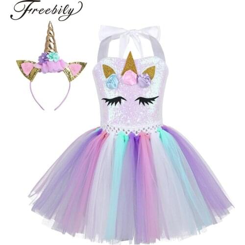 Girls Cartoon Cosplay Dresses 3D Flowers Shiny Sequins Mesh Tutu Dress with Hair Hoop Set for Kids Birthday Theme Party Dress up