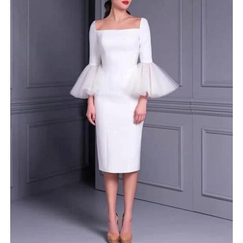 Elegant Satin Long Sleeve Short Satin Square Collar Wedding Dresses A-Line White Zipper Tea Length Kurz Bridal Gowns for Women