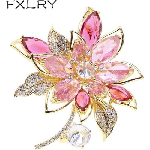 FXLRY Luxury AAA Zircon Flower Brooch Pin Red Yellow Crystal Orchid Pins and Brooches for Women Jewelry