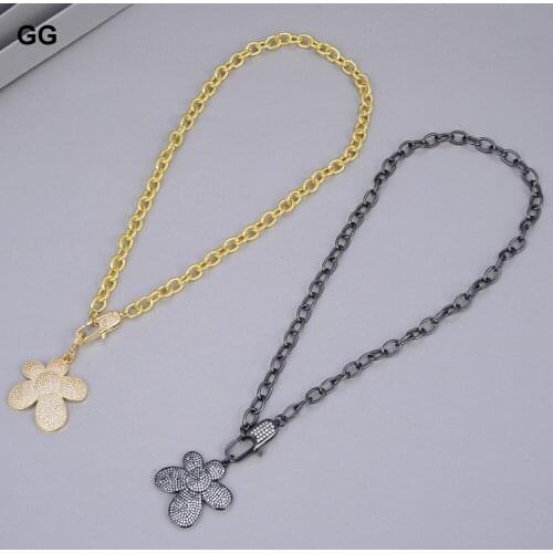 GuaiGuai Jewelry 17'' Gunmetal Gold Color Chain Necklace 32x33MM Cz Pave Flower Charm Necklace For Women Jewelry Gifts