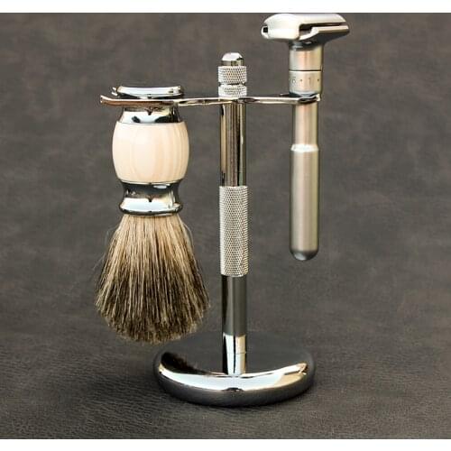 Classic Safety Razor With 100% Pure Badger Hair Shaving Brush With Stand Holder for Double Edge Straight Razor