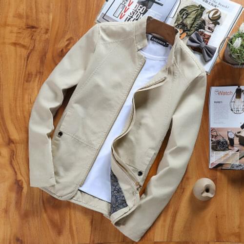 Spring Autumn Casual Men Jackets 100% Cotton Solid Slim Coat Stand Collar Zipper Fashion Regular Outerwear Washable
