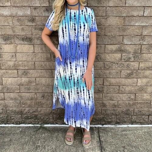 Summer Casual Round Neck Short Sleeve Loose Tie-Dye Printed Long Dress Breathable Comfortable Dresses Daily Commute Wear