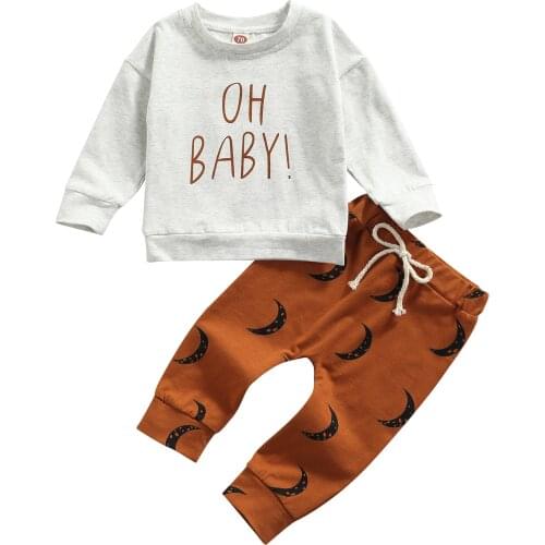 2021 0-3Y Autumn Kids Baby Boy Girl Clothes Set Letter Print Long Sleeve T-shirt+Moon Long Pants Casual Cotton 2pcs Outfits Set