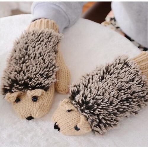 Novelty Lovely Cartoon Winter Gloves For Women Knit Warm Gloves Hedgehog Heated Villus Wrist Mittens G24