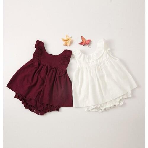 Baby Girls O-neck Sleeveless Solid Color Casual Fashion 100% Cotton Lotus Edge Rompers Triangle Design Ball Gown Rompers