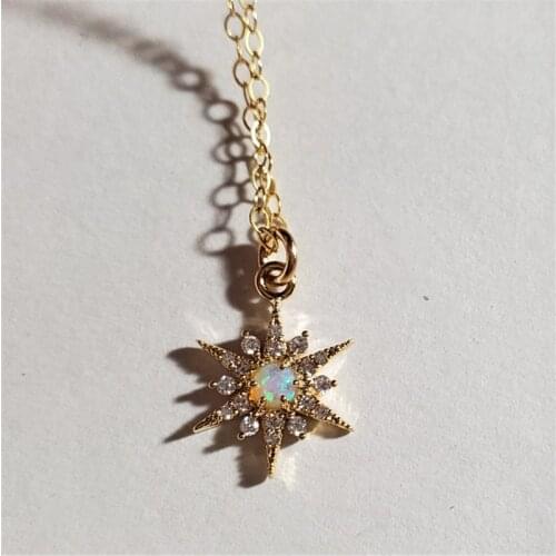 North Star Necklace on Stainless Steel Chain Starburst Celestial Jewelry Cubic Zirconia Opal Necklace Birthday Gifts Birthstone