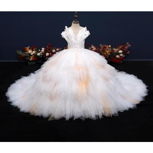 Flower Girl Dress Illusion Short V-Neck Tulle Lace Off The Shoulder Princess Beading Sequined Pearls White Kids Party Gown H575