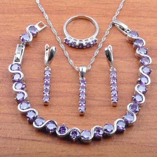 Birthday Gift Jewelry Purple Zirconia Silver Color Jewelry Set Earrings Necklace Pendant Rings Bracelet Set JS0406