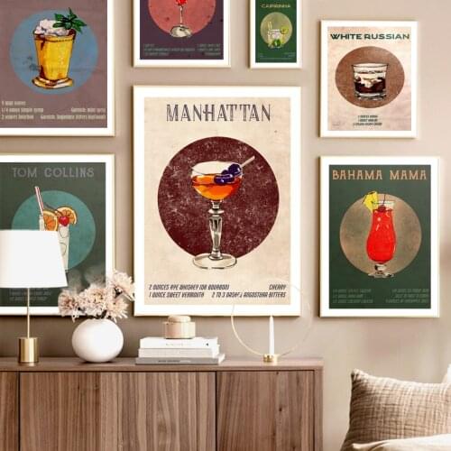Retro Wine Glass Cocktail Manhattan Vodka Nordic Posters And Prints Wall Art Canvas Painting Wall Pictures For Living Room Decor