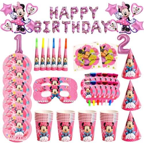 Disney Pink Minnie Mouse Theme Disposable Tableware Paper Cups Plates Straw Happy Birthday Party Decoration Baby Shower Supplie