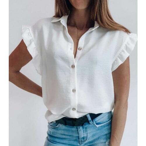 Women T-shirt Solid Color Buttons Turndown Collar Ruffle Sleeveless Ladies Shirt 2021 New Fashion Casual Outdoor Comfy Female To