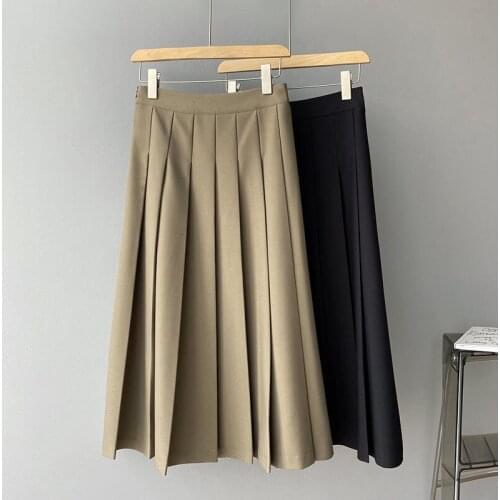 2021 Summer High Waist Fashion Girls Khaki A Line Midi Skirt Streetwear Women Pleated Skirt B015