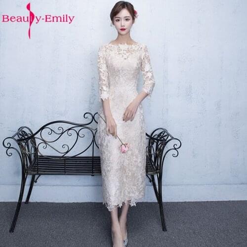 Beauty-Emily White Long Lace Evening Dresses 2018 O-Neck Three Quarter Lace Women Formal Evening Party Prom Dresses