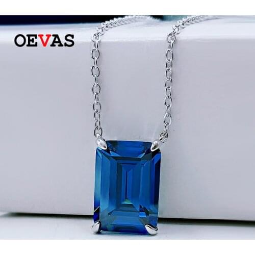 OEVAS 100% 925 Sterling Silver 10*14mm Sapphire Pendant Necklace For Women Sparkling Wedding Party Fine Jewelry Gift Wholesale