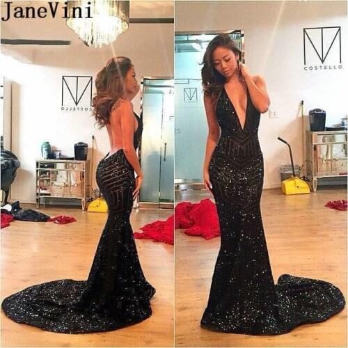 JaneVini Shining Sequins Woman Dress Elegant Evening Mermaid Party Gowns Sexy African Long Evening Dresses Black V-Neck Backless