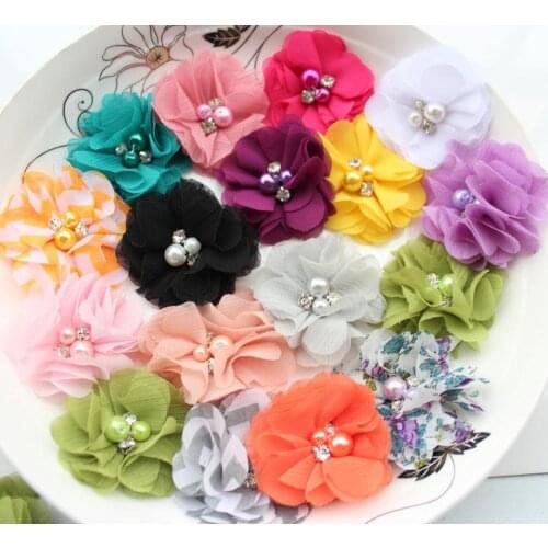 35pcs Soft Chiffon Flowers with pearls and rhinestones- Fabric Flowers, Chiffon Flowers,Perfect for Baby headbands