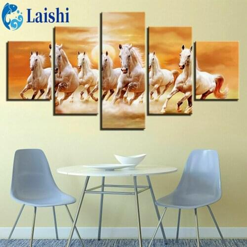 5pcs Diamond Painting Sunset, white horse running Full Square round Diamond Painting Embroidery Sale Rhinestones Pictures Decor