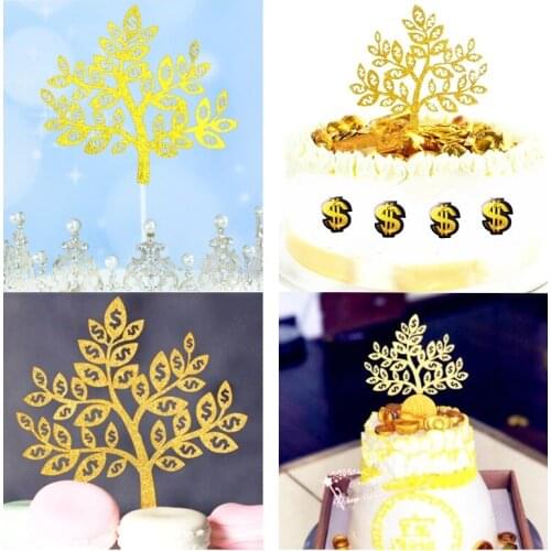 Shiny Golden Cash Cow USD Money Tree leaf Many Dollars Cake Topper Happy Birthday Party Decoration Wealth Wish Successful People