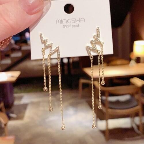 BLIJERY New Korean Rhinestone ECG Shape Long Earrings Female Temperament Tassel Earring for Women Fashion Jewelry arete