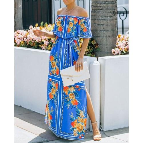 Bohemian Summer Dress One Shoulder Ruffle Slim High Waist Floral Printed Beach Dress Ankle Length Womens Dress