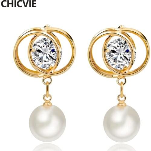 CHICVIE Vintage Long Simulated Pearl Crystal Earrings For Women Girls Gold Color Bridal Wedding Earrings Fashion Jewelry 2017