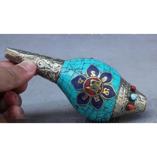 Pure white Copper Grandpa Good Lucky Handwork Miao Silver Tibet Buddhism Inlay Turquoise Lucky Conch Shell Trumpet Horn Statue