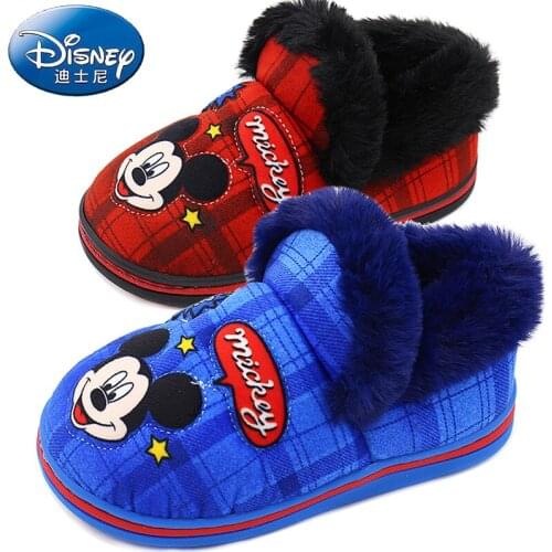 Disney Autumn Winter Childrens Cotton Slippers New 2021 Cartoon Embroidery Mickey Baby Cotton Shoes