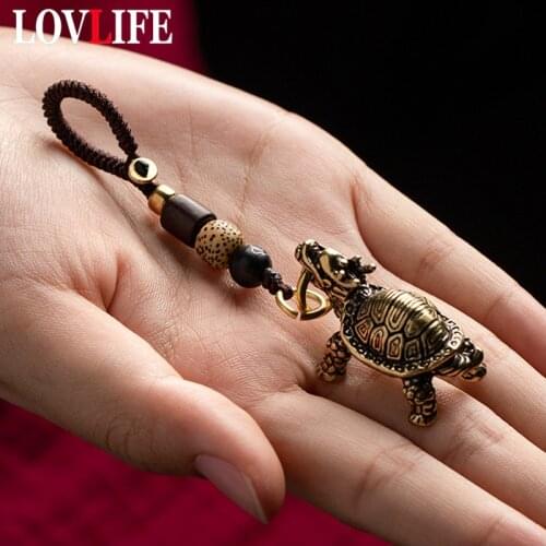 Dragon Turtle Keyrings Pendants Jewelry Pure Brass Lucky Animal Beast Figurines Handmade Woven Rope Lanyard Keychains Hangings