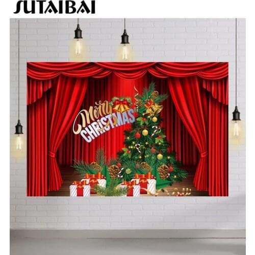 Merry Christmas Red Curtain Stage Backdrop for Photography Christmas Tree Decoration Gold Bell Gifts Family Party Child Portrait