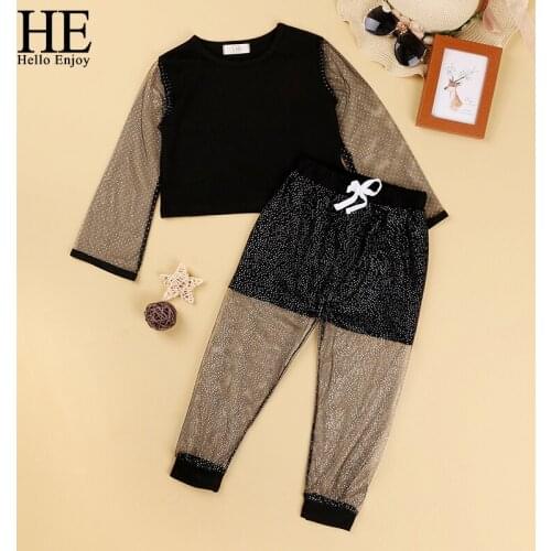 HE Hello Enjoy Girl Kids Summer Autumn Outfits Clothes Sets Mesh Stitching Long-Sleeve Top + Mesh Stitching Pants Casual Sets