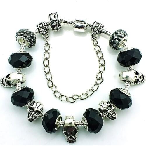 JINGLANG New Fashion Silver Plated Black Plastic Crystal Beaded Skull Infinity Link Bracelets For Men DIY Jewelry