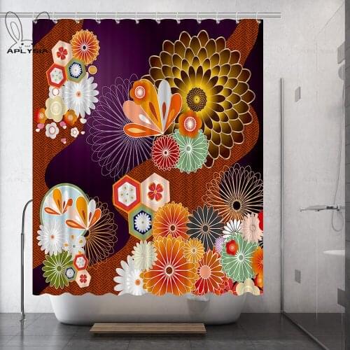 Japanese Texture Kimono Pattern Red and Black Cherry Blossoms Crane Polyester Fabric Shower Curtain for Bathroom